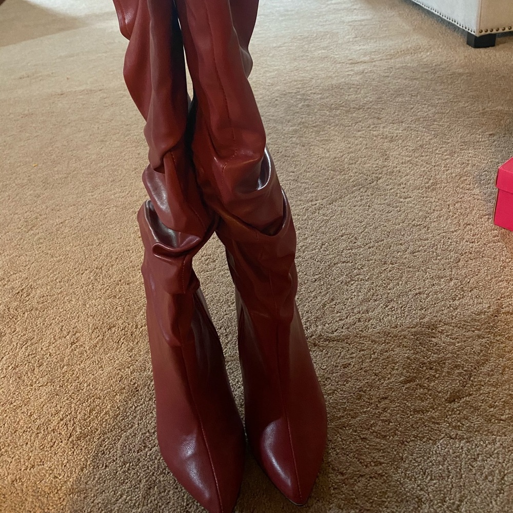 Red faux leather slouch boots